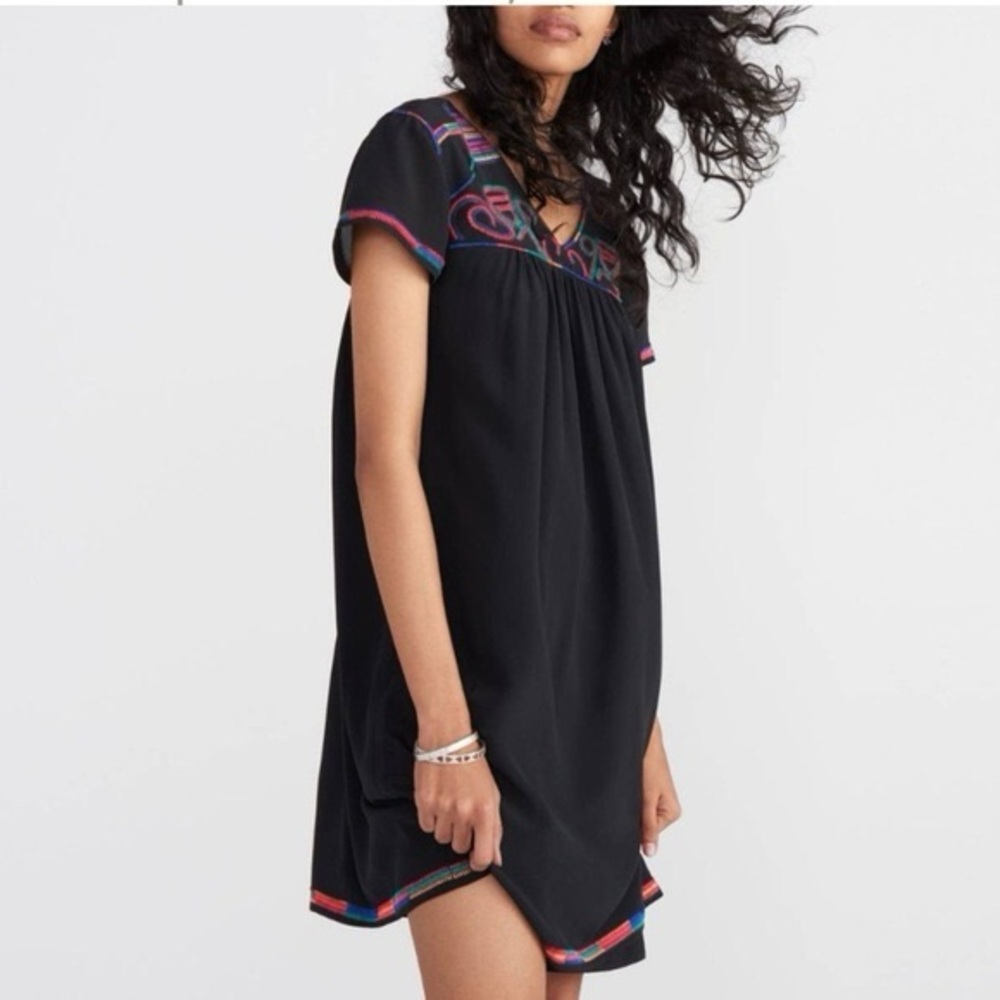 Madewell black silk embroidered colorstitch midi peasant Dress Summer S